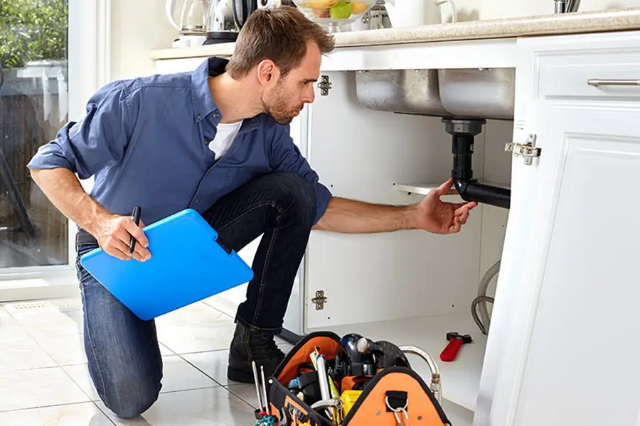 plumber performing a routine plumbing maintenance check
