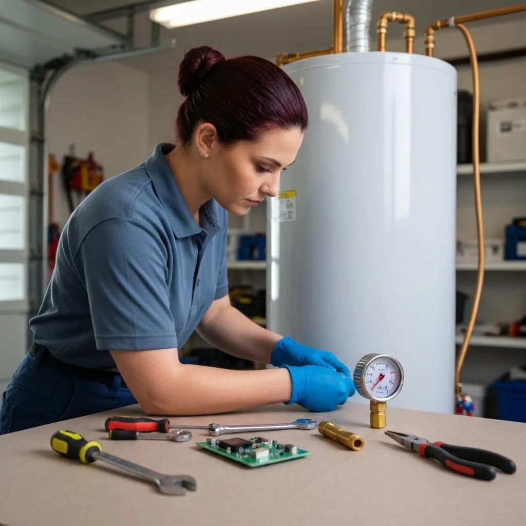 Technician inspecting a water heater for repairs, illustrating fast and efficient plumbing services