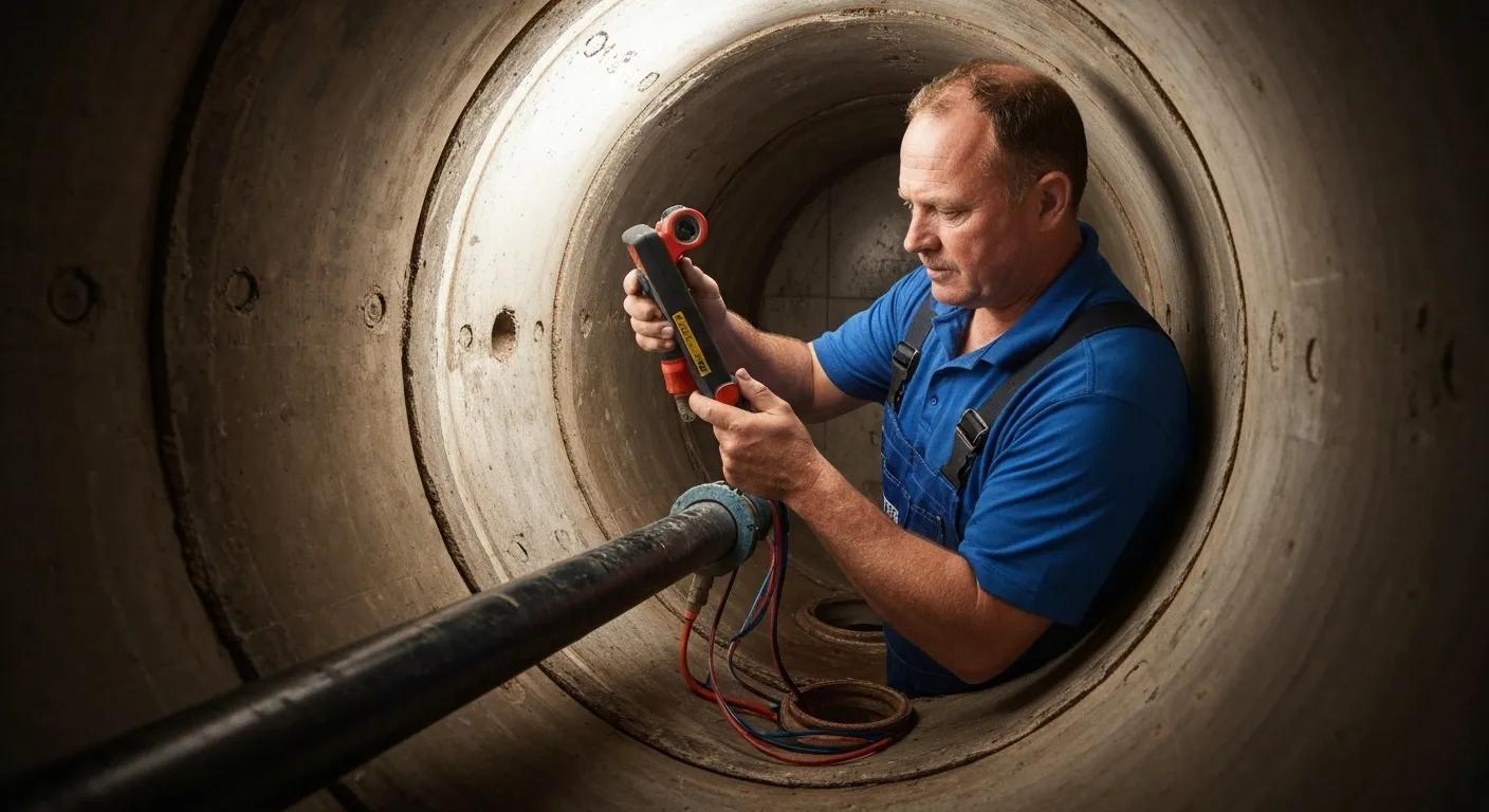 Plumber using video camera inspection to diagnose sewer backup, highlighting advanced plumbing solutions