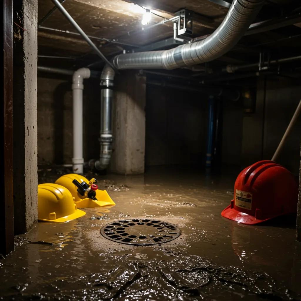 Sewer backup in a basement with water pooling, emphasizing the need for immediate plumbing intervention