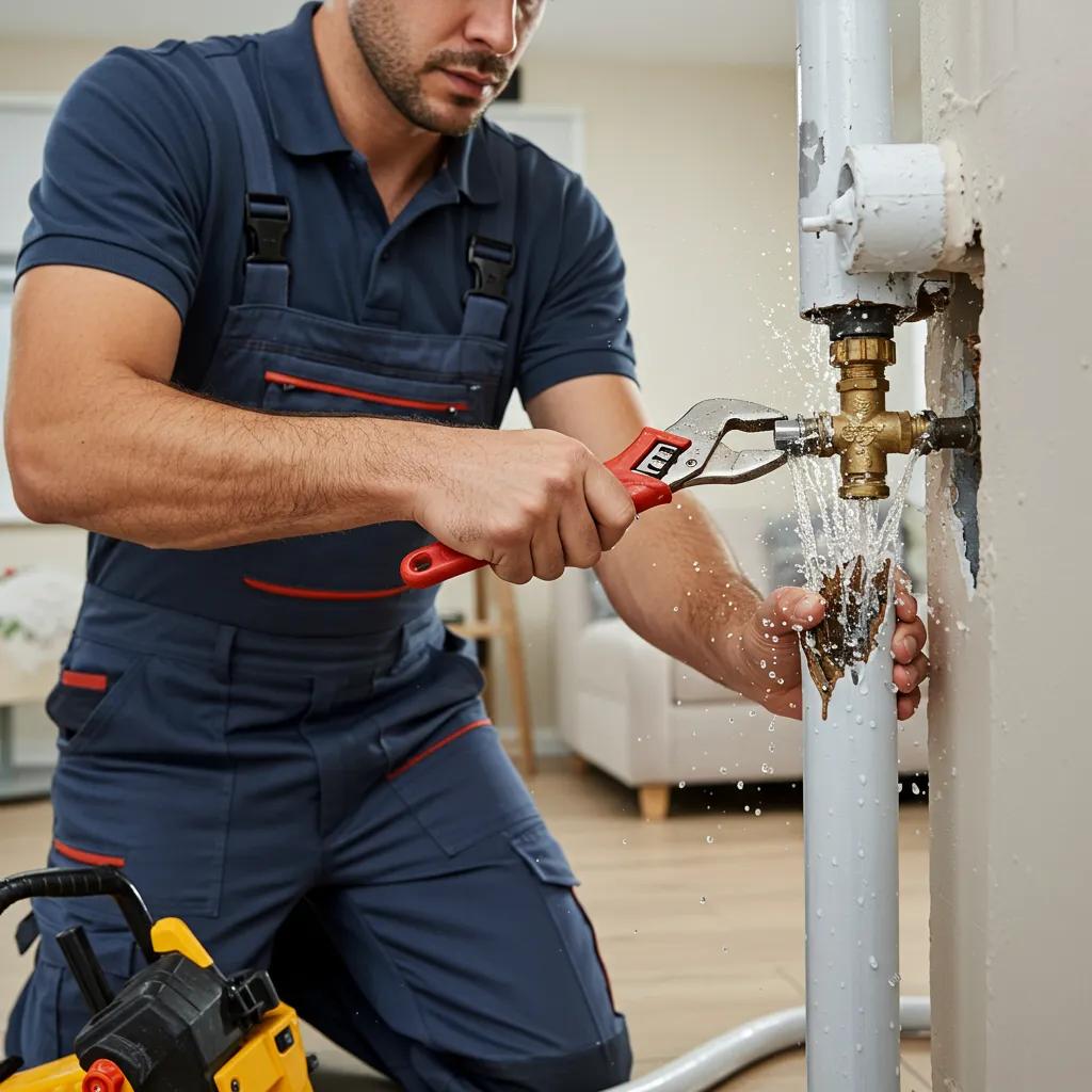 Professional plumber fixing a burst pipe in a home, showcasing emergency plumbing services