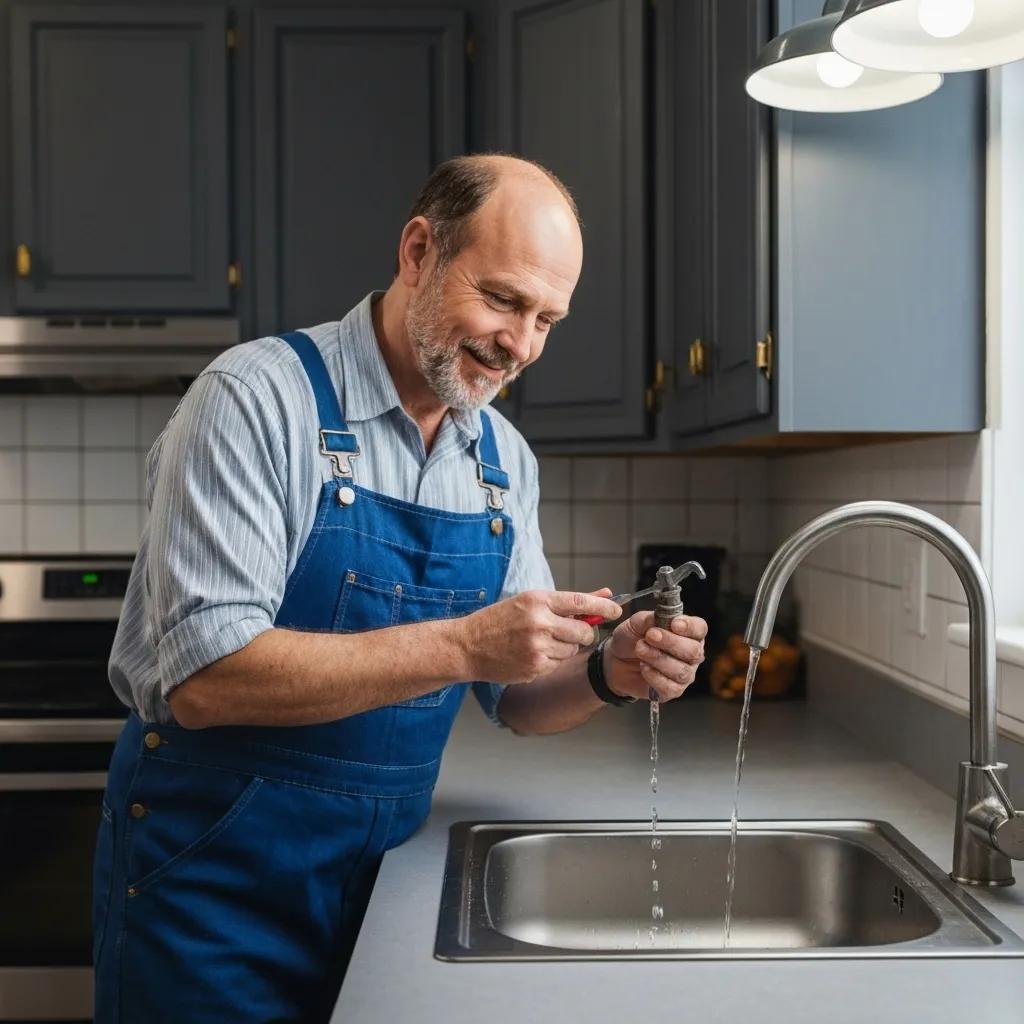 Professional plumber repairing a burst pipe in a modern kitchen, showcasing reliable plumbing services