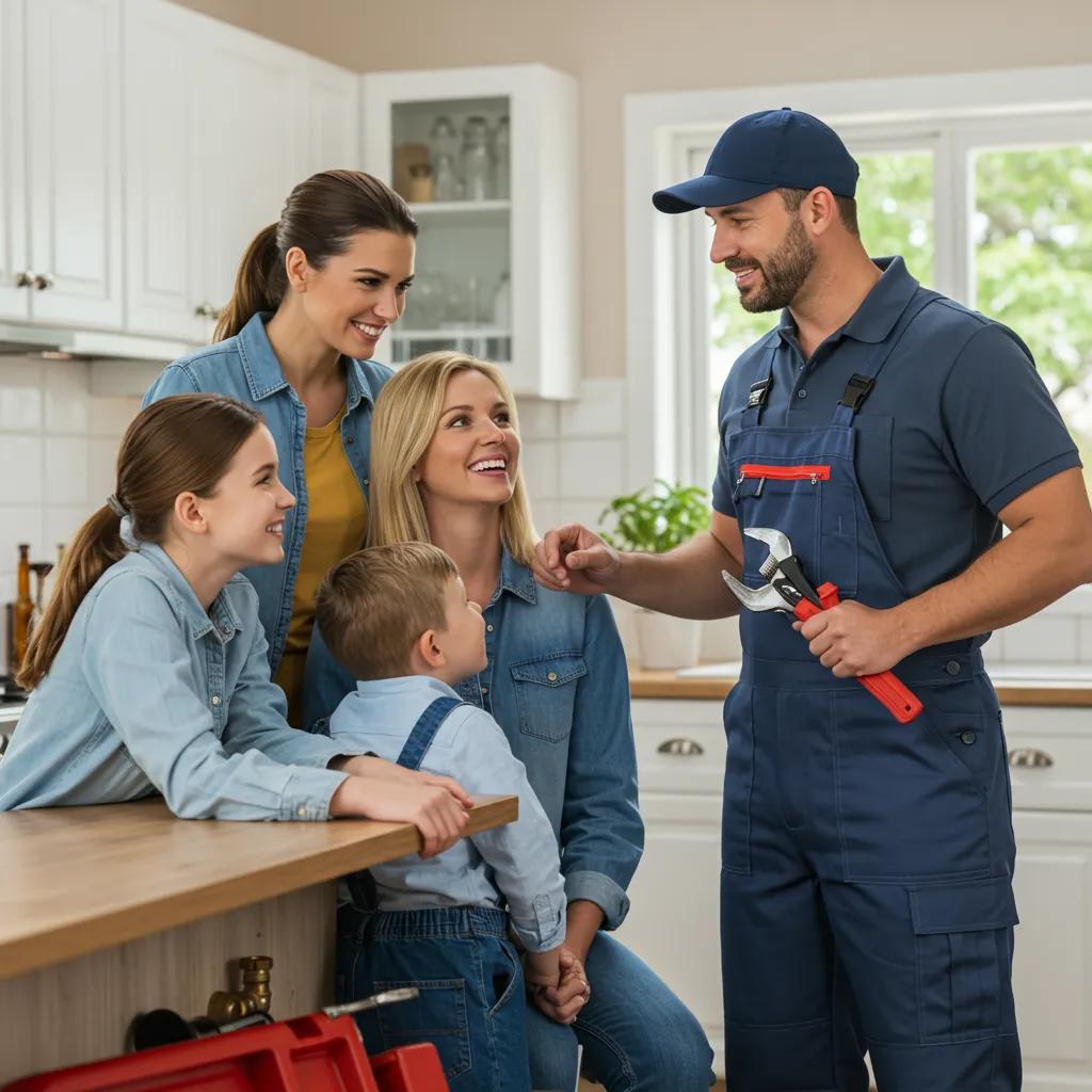 Family interacting with a friendly plumber in a cozy home, highlighting trust in plumbing services