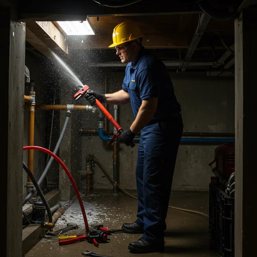 Plumber responding to a plumbing emergency at night, showcasing urgency and professionalism