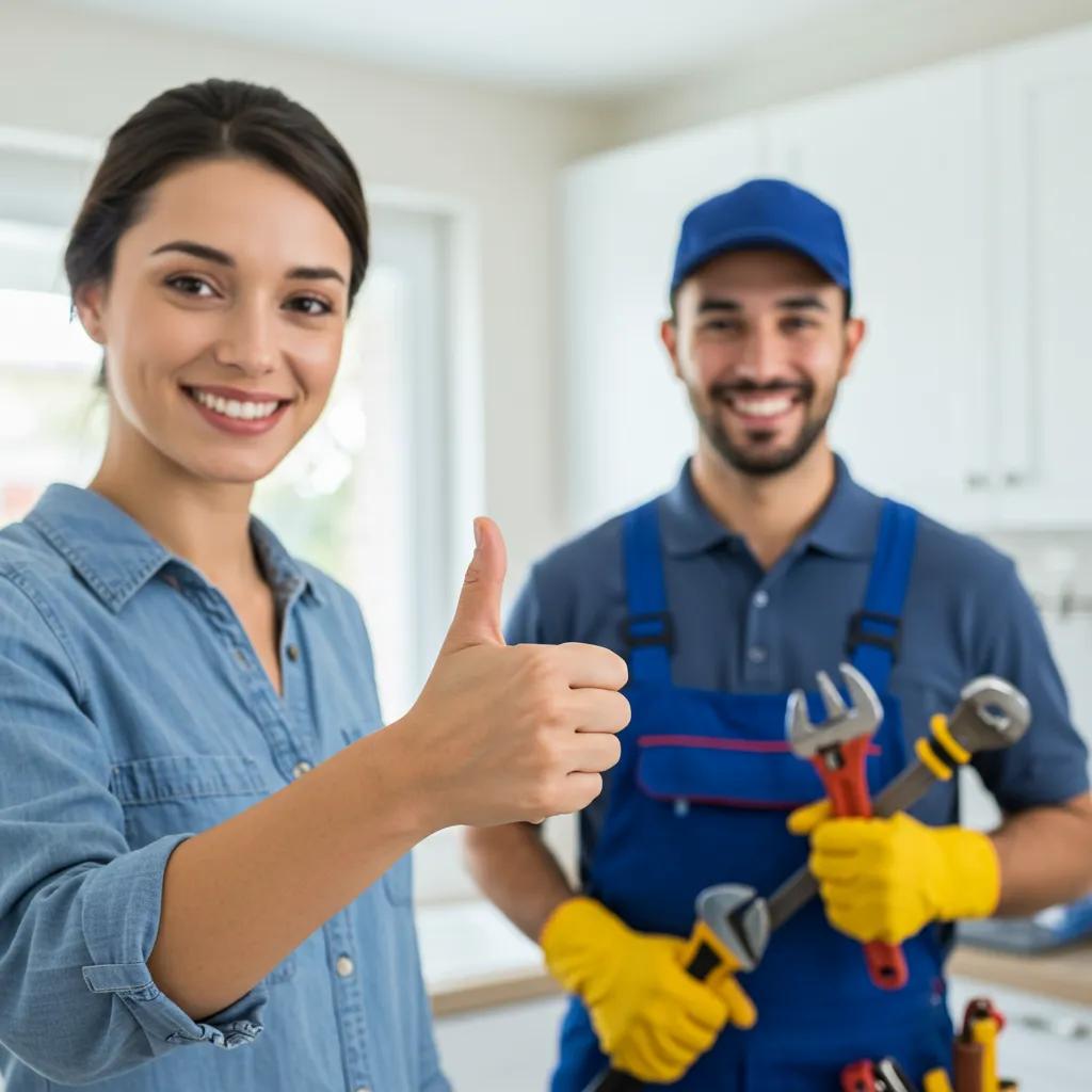 Satisfied customer giving a thumbs up to a plumber in a bright kitchen, reflecting trust and satisfaction