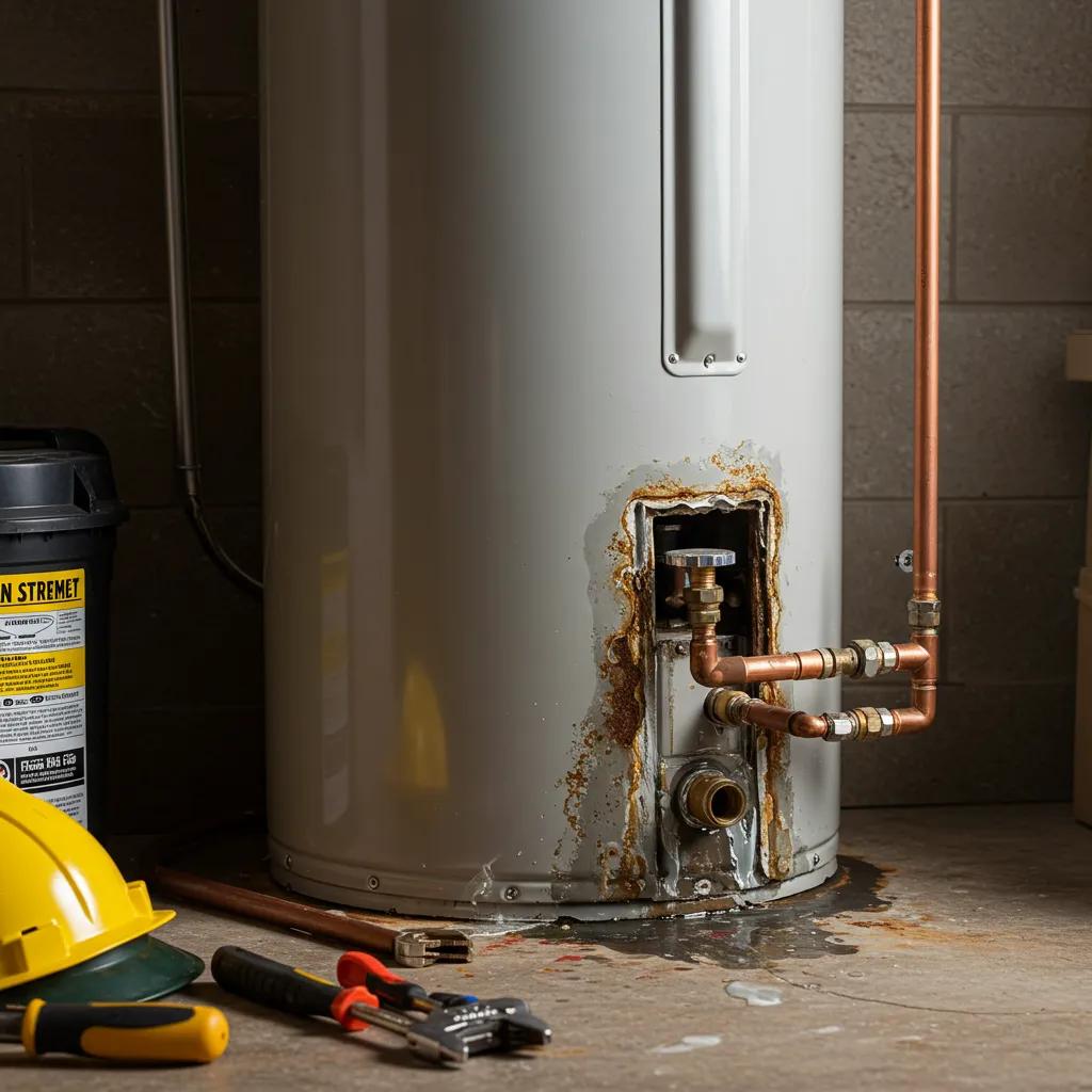 Malfunctioning water heater with rust and leaks, highlighting the importance of timely repairs